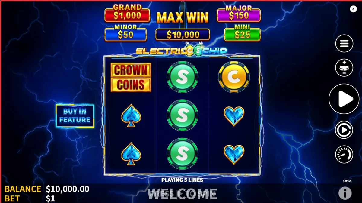 Isang neon na disenyo ng Electric Chip slot na may mga kumikinang na simbolo at kidlat.