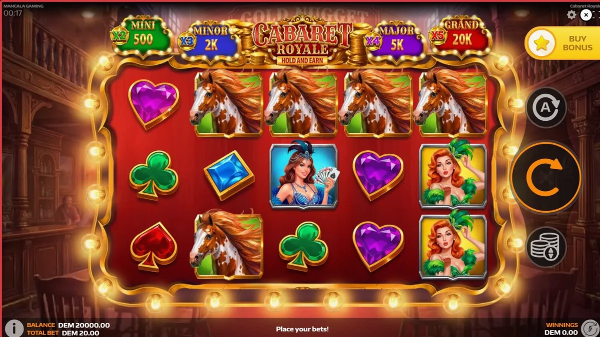 Cabaret Royale slot machine interface na may mga gintong simbolo at pulang kurtina