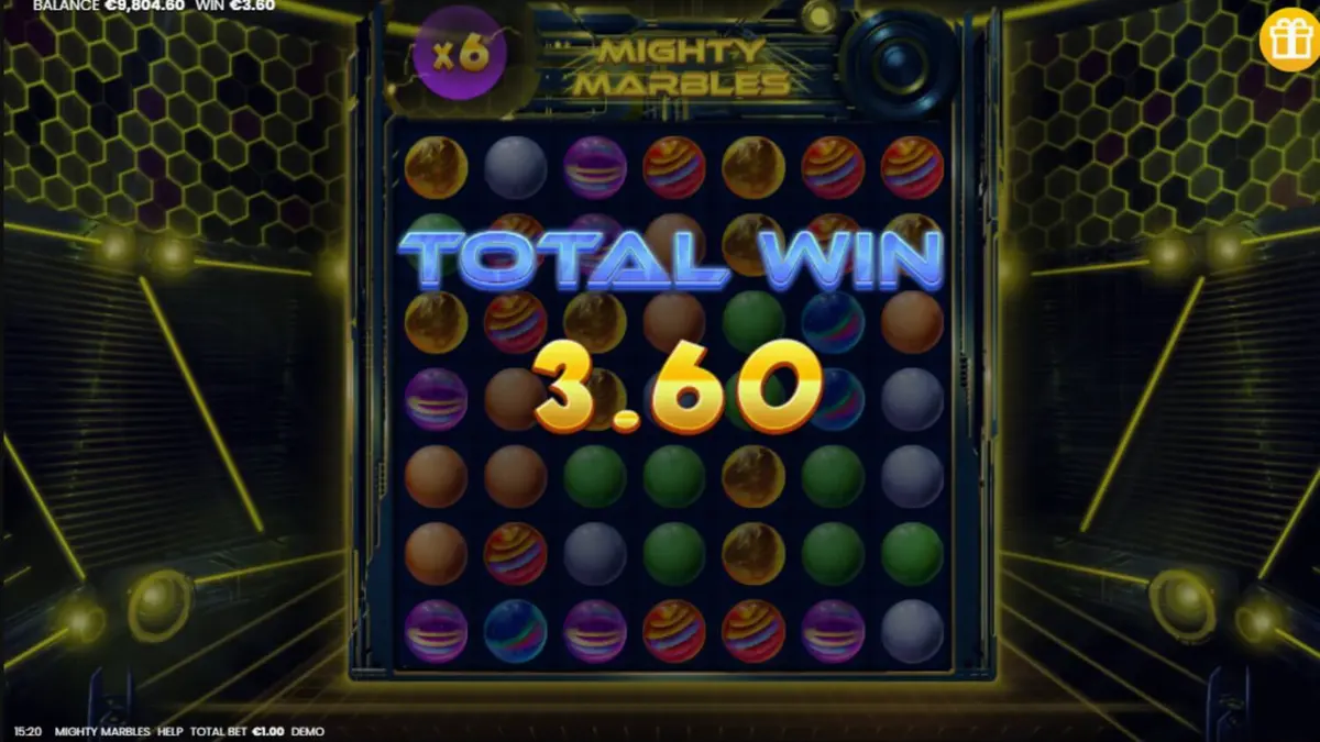 Isang makulay na grid ng Mighty Marbles slot na may mga neon na simbolo sa isang cosmic background.